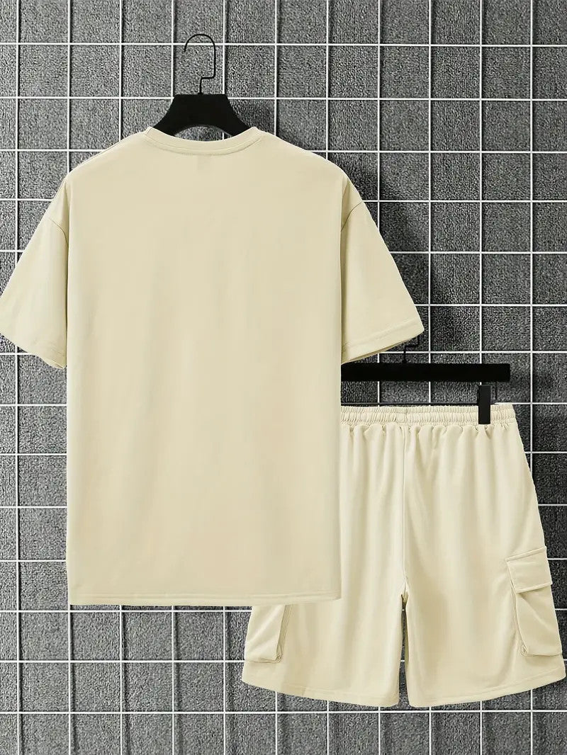 Men's Outfit, Solid Casual Loose Crew Neck Short Sleeve T-Shirt & Drawstring Shorts With Multi Pockets 2-piece Set For Summer Outdoor Activities