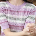 Color Matching Hollow Out Half Sleeve Loose Striped Top