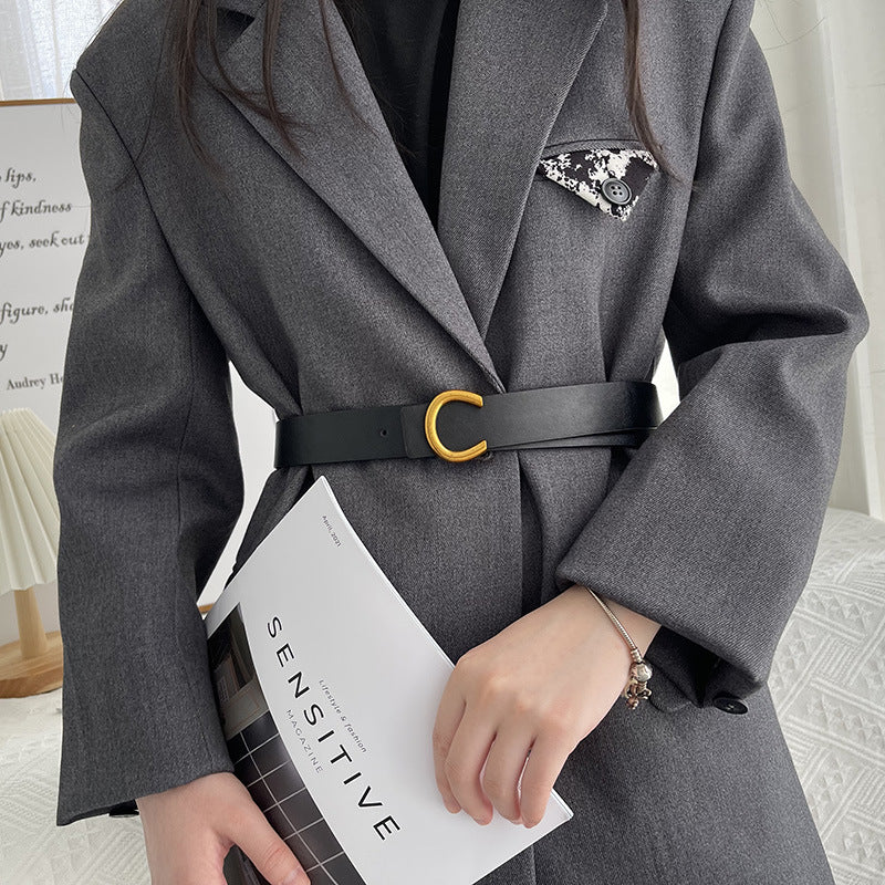 Retro Belt Female C Buckle Korean Version Of Black Casual Women's Trousers With Decorative Blazer Coat Belt