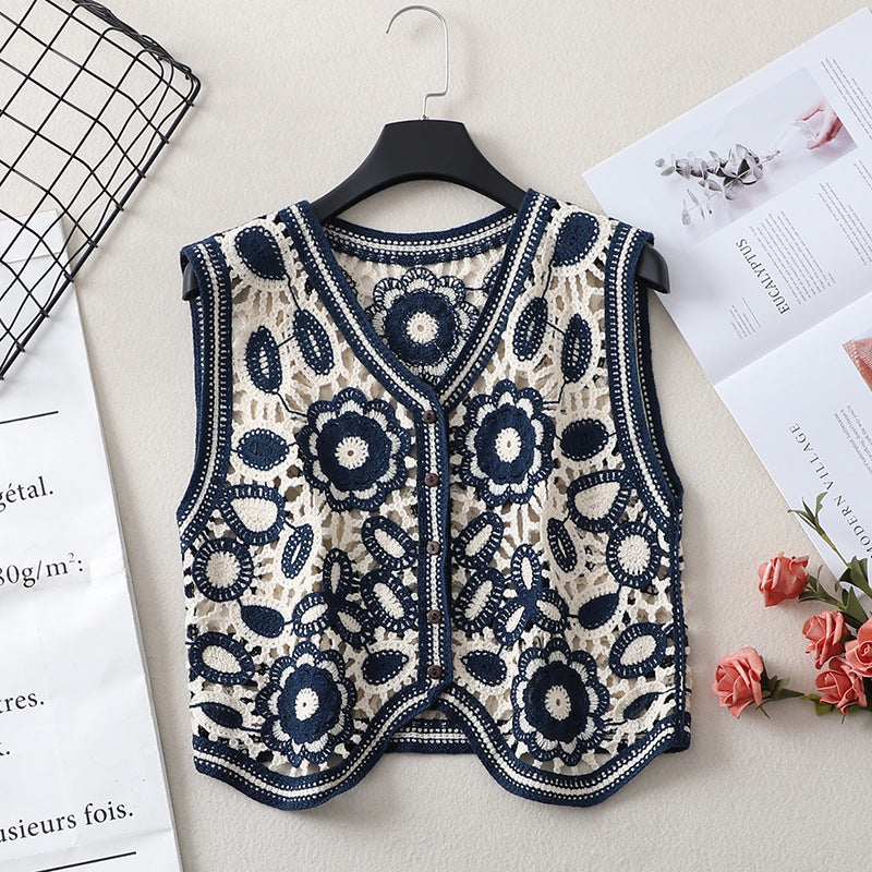 Spring Outdoor Irregular V-neck Vest Female Hollow Embroidery Vest Jacket Cardigan Outerwear Top