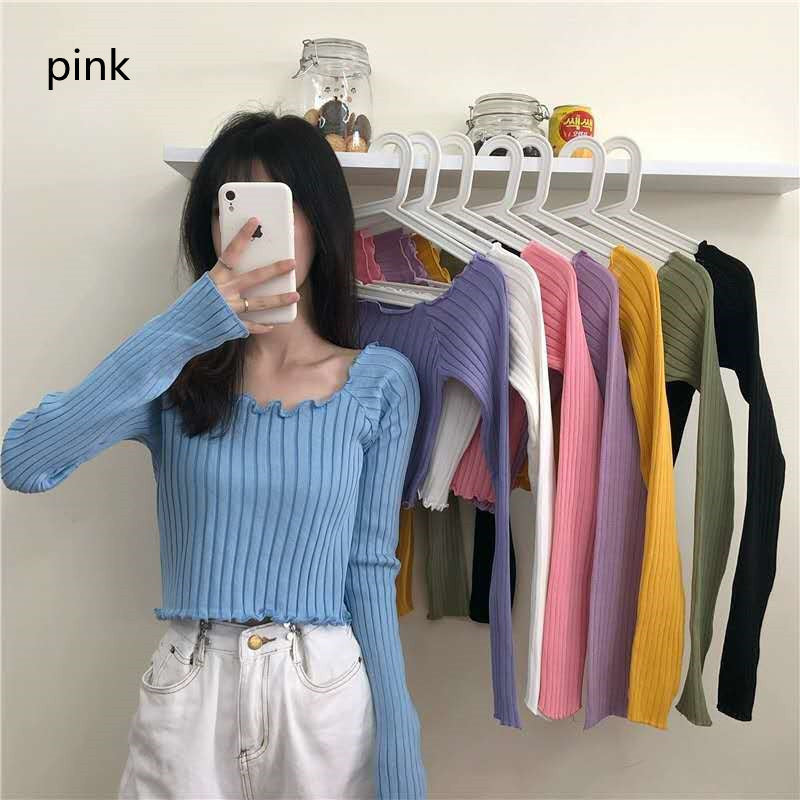 Black Wooden Ear Side Word Shoulder Knitted Thin Long-sleeved T-shirt Women's Summer Short Top