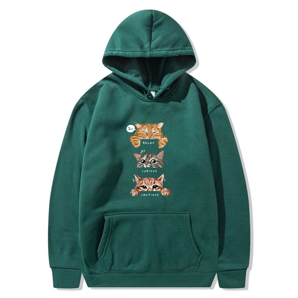 Cat Print Hooded Pullover Leisure Sweatshirt