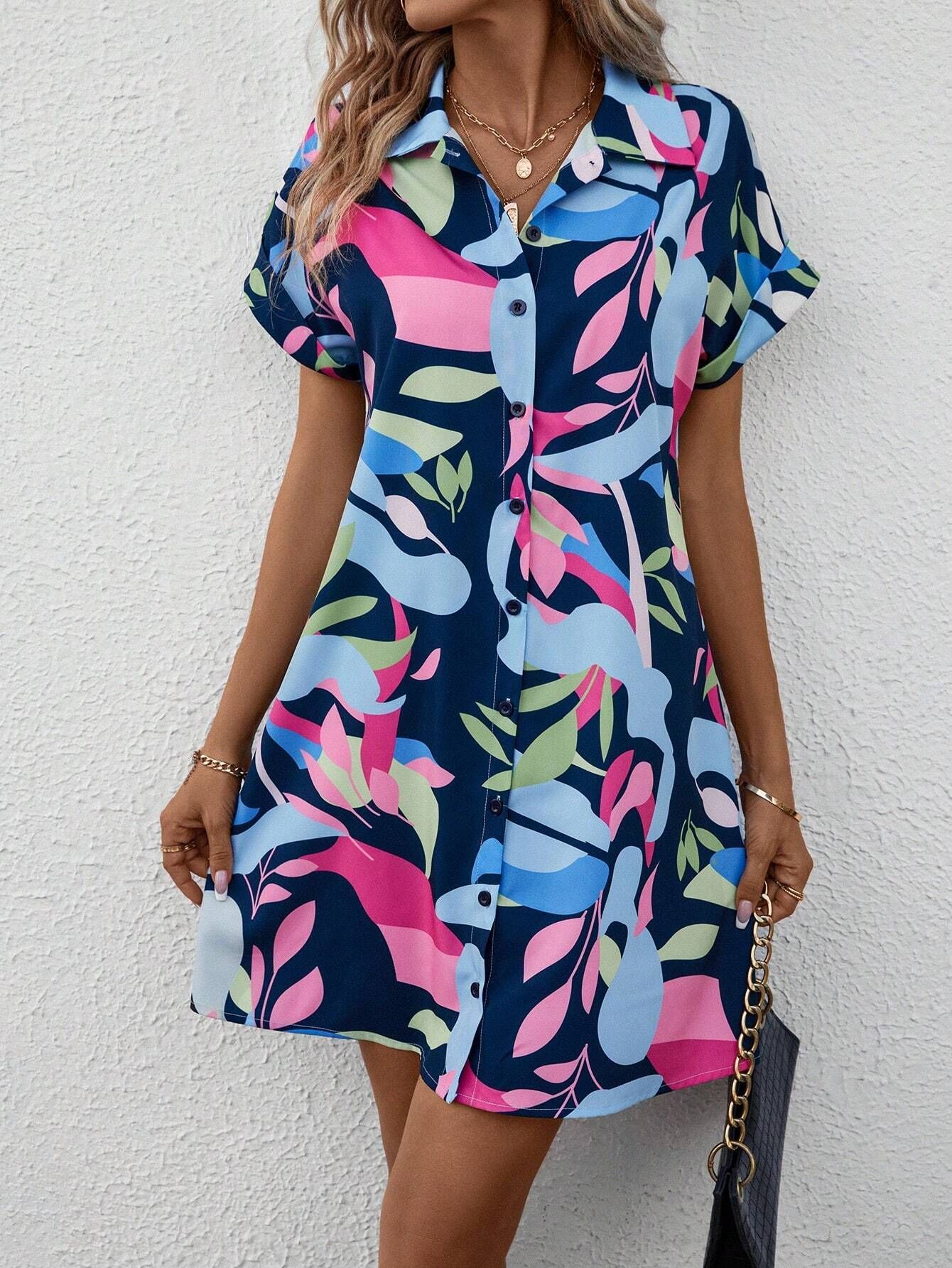 Colorful Floral Printed Cardigan, Short Sleeved Lining Dress