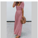 Ladies Fashion Solid Color Short Sleeve Wide Leg Loose Jumpsuit