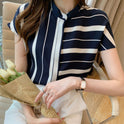 Temperament Contrast Color Small Stand Collar Stitching Short Sleeve Shirt