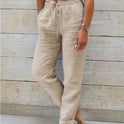 Cotton And Linen Women's High Waist Elastic Waist Solid Color Cotton And Linen Casual Pants