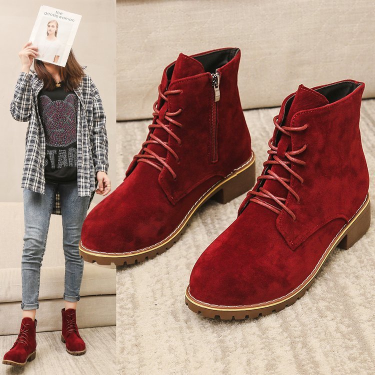 Chunky Heel Round Toe Martin Boots Side Zipper English Style Women's Shoes