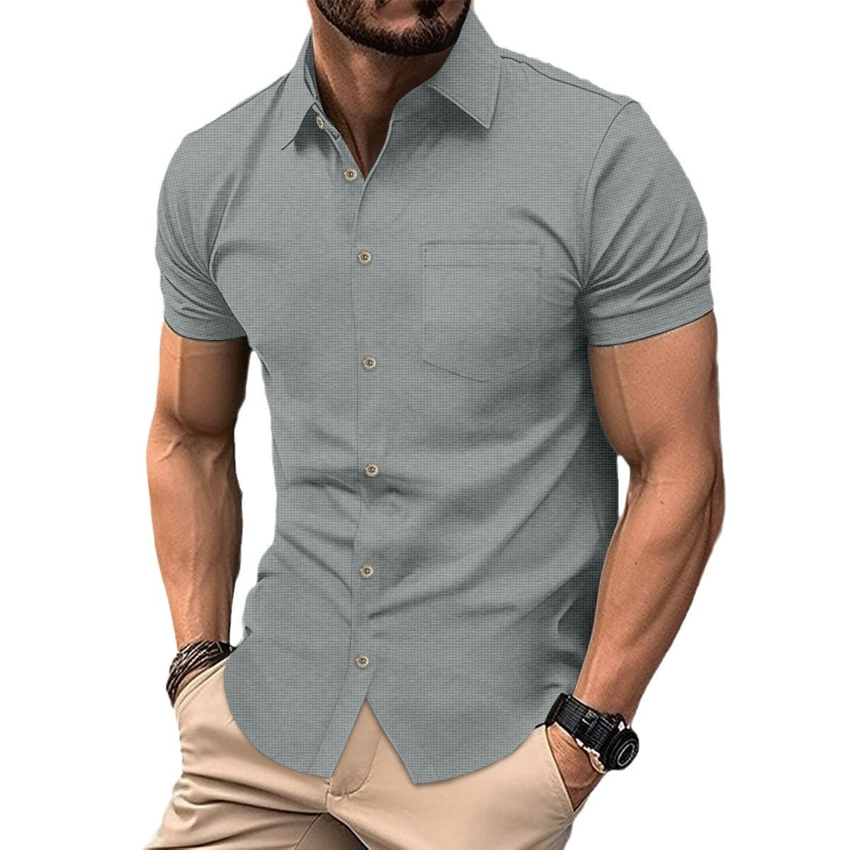 Chest Pocket Button Casual Short-sleeved Shirt