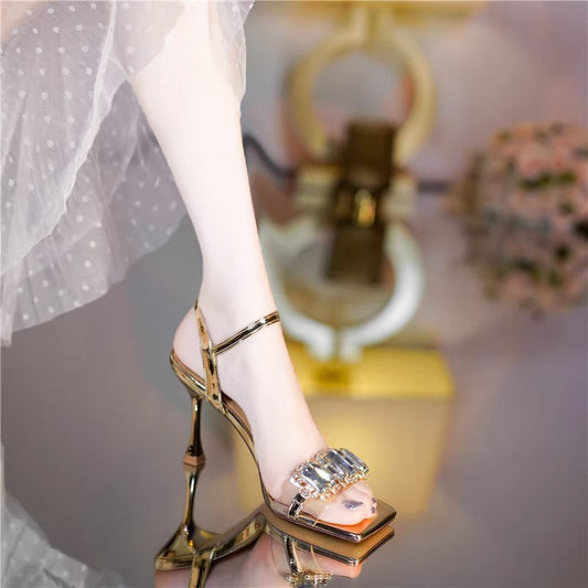 Women's Rhinestone Strap Square Head Fairy Style Open Toe High Heels