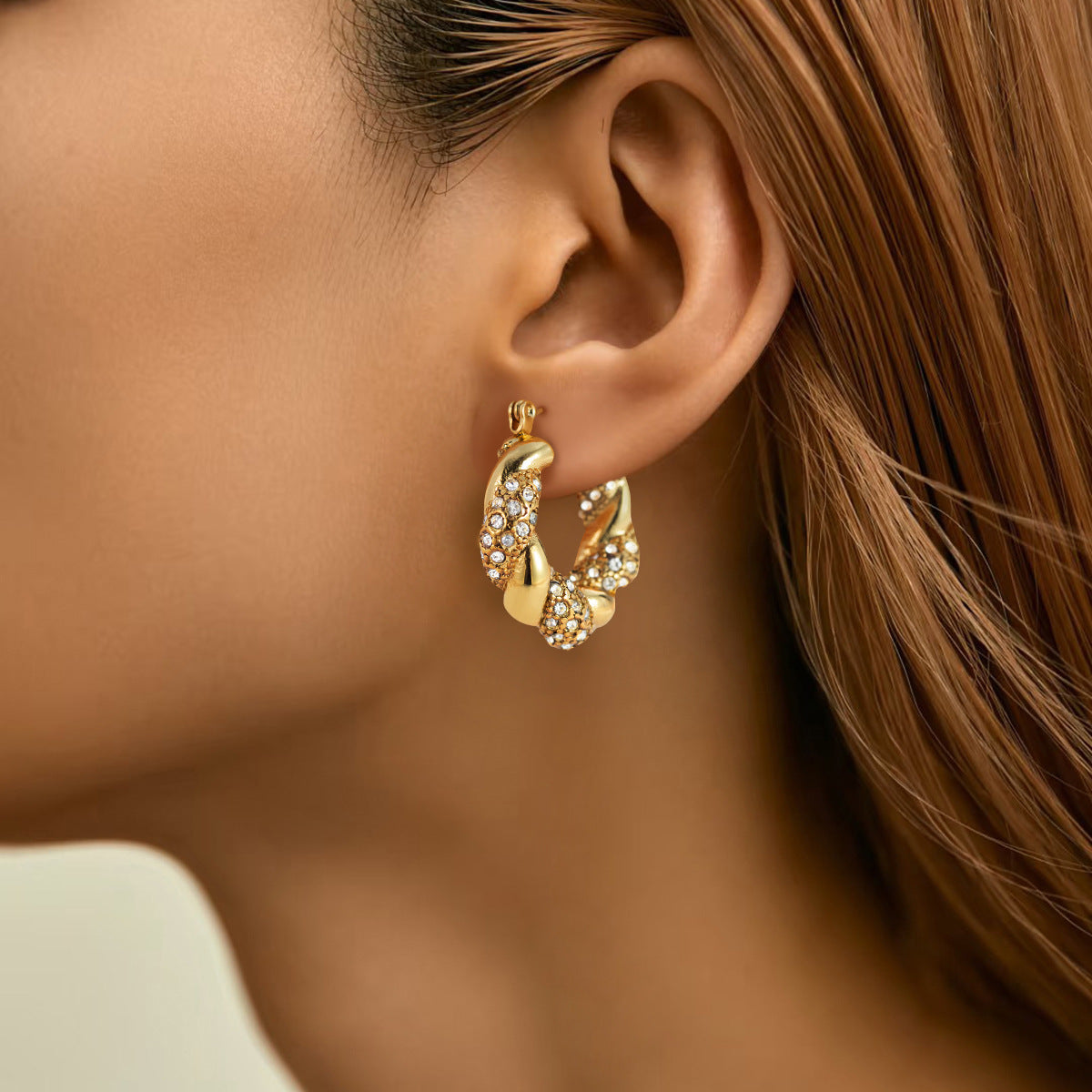 Gold Stainless Steel Diamond Twist U-shaped Earrings Fashion