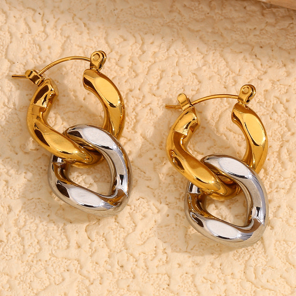 18K Gold Two-color Chain Stud Earrings For Women