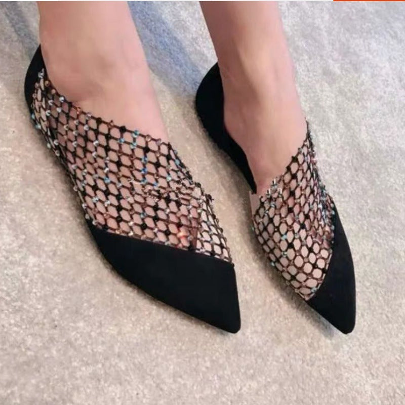 Sexy Side Hollow Flat Shoes Female Pointed Toe With Rhinestone Hollow Single