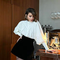 White Casual Small Stand-up Collar Puff Sleeve Pleated Shirt