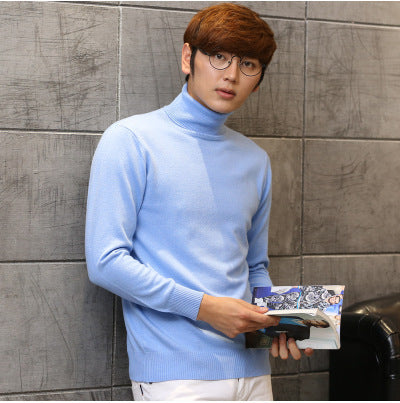 Knit Sweater Men High Neck Pullover Solid Color Slim Fit