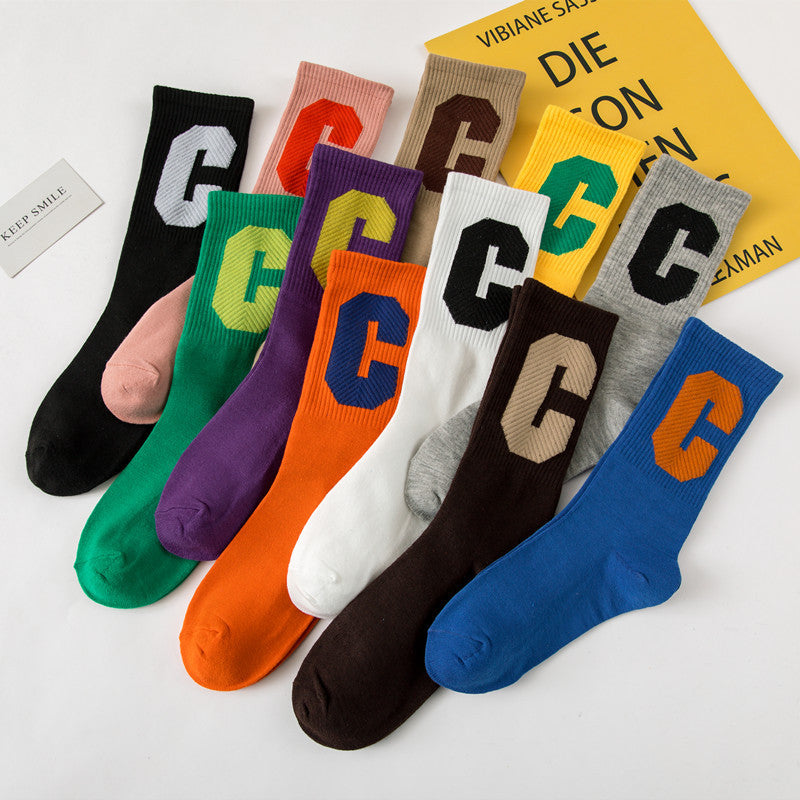 Medium Ins Fashion Brand Women's Stockings Large C Letters Women's Color Cotton Socks