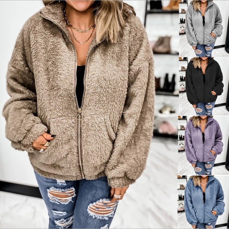 New Women's Solid Color Plush Zipper Loose Cardigan